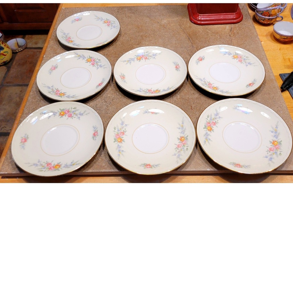 Set 7 Homer Laughlin Cashmere Georgian Eggshell Plates Floral Blue Pink Gold